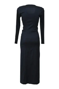 Anthracite wool-blend jersey long sleeve paneled blouse and slip skirt two-piece knit set