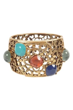 Antique gold colour metal cut out botanical pattern cuff bangle embellished with multi-colour stones