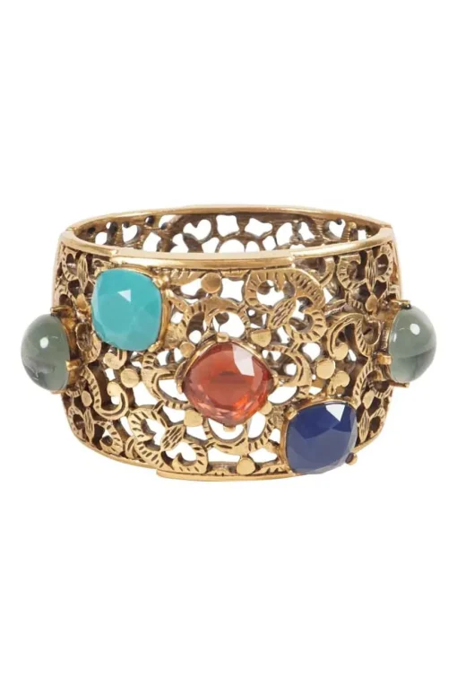 Antique gold colour metal cut out botanical pattern cuff bangle embellished with multi-colour stones