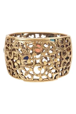 Antique gold colour metal cut out botanical pattern cuff bangle embellished with multi-colour stones