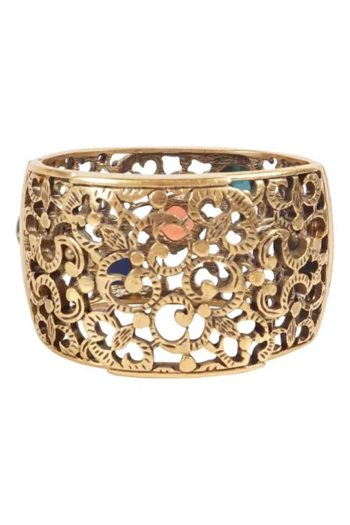 Antique gold colour metal cut out botanical pattern cuff bangle embellished with multi-colour stones