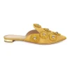Antique gold moiré fabric and leather fantasy sunflower-embellished pointed toe slip-on flat mules