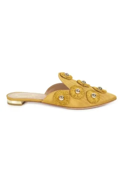 Antique gold moiré fabric and leather fantasy sunflower-embellished pointed toe slip-on flat mules
