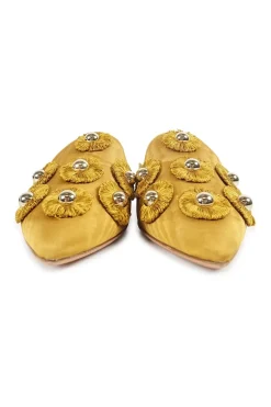 Antique gold moiré fabric and leather fantasy sunflower-embellished pointed toe slip-on flat mules