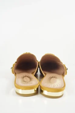 Antique gold moiré fabric and leather fantasy sunflower-embellished pointed toe slip-on flat mules