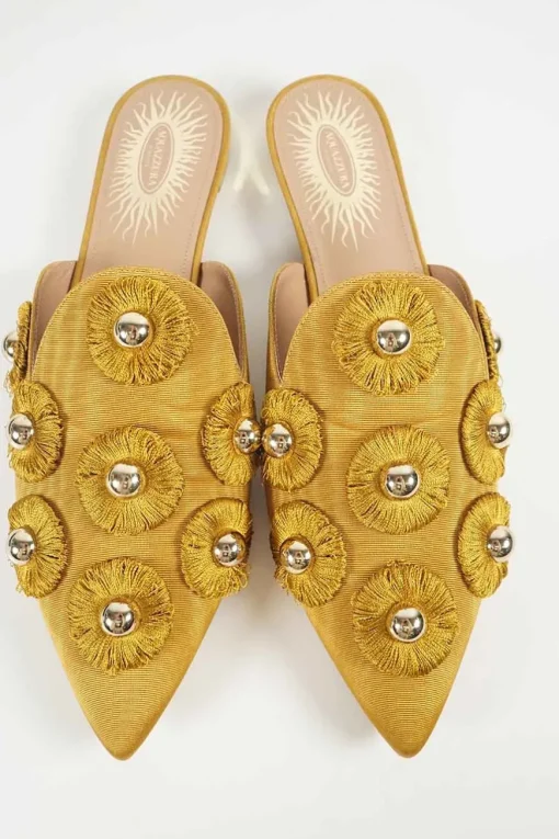 Antique gold moiré fabric and leather fantasy sunflower-embellished pointed toe slip-on flat mules