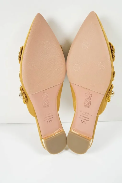 Antique gold moiré fabric and leather fantasy sunflower-embellished pointed toe slip-on flat mules
