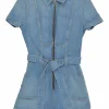 AO.LA light-washed indigo cotton-blend denim tie-waist classic collar zip-up romper