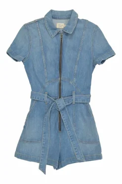 AO.LA light-washed indigo cotton-blend denim tie-waist classic collar zip-up romper