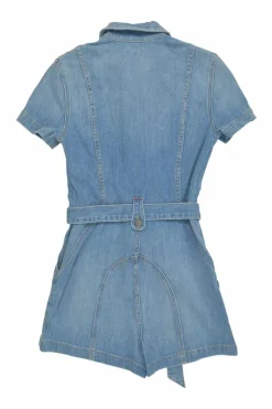 AO.LA light-washed indigo cotton-blend denim tie-waist classic collar zip-up romper