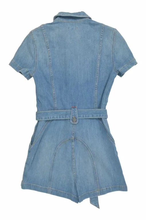 AO.LA light-washed indigo cotton-blend denim tie-waist classic collar zip-up romper