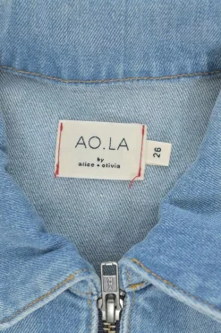AO.LA light-washed indigo cotton-blend denim tie-waist classic collar zip-up romper