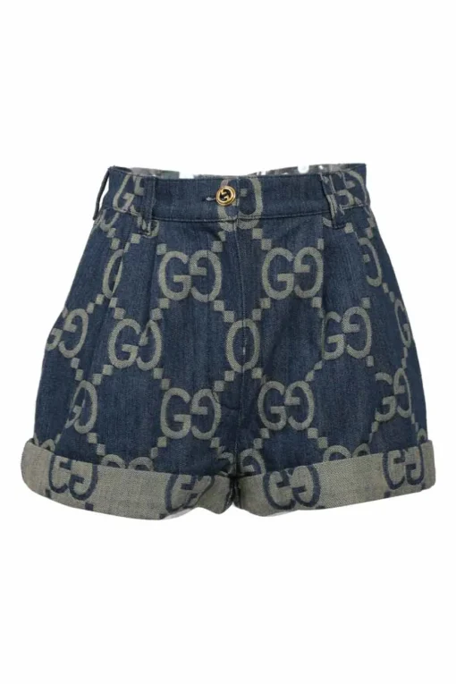 Aria true indigo cotton denim GG Supreme jacquard pull-on high-rise pleat-front shorts