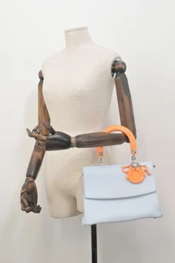Baby blue and orange Be Dior top handle bag with detachable shoulder strap