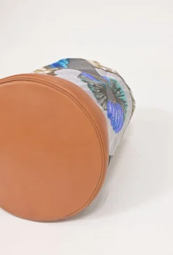 Barenia leather and grey silk ‘Brazil’ Soie Cool Medium handbag featuring original artwork by Laurence Toutsy Bourthoumieux