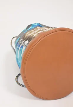 Barenia leather and grey silk ‘Brazil’ Soie Cool Medium handbag featuring original artwork by Laurence Toutsy Bourthoumieux