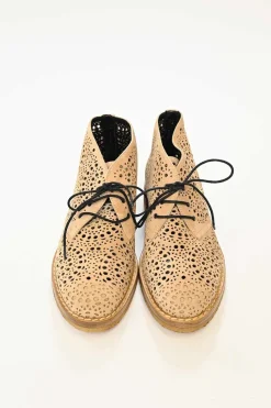 Beidge Suede Laser Cut Laced Chelsea Ankle Boots
