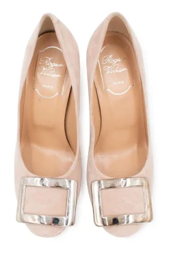 Beige almond toe suede pumps with buckle