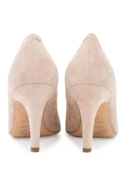 Beige almond toe suede pumps with buckle
