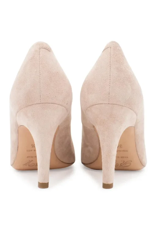 Beige almond toe suede pumps with buckle