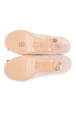 Beige almond toe suede pumps with buckle