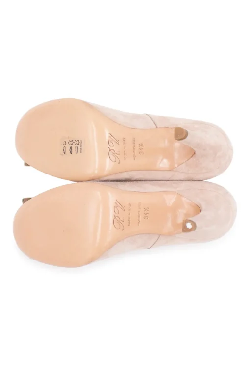 Beige almond toe suede pumps with buckle
