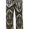 Beige and black wool-silk blend satin Ikat print mid-rise pull-on slacks