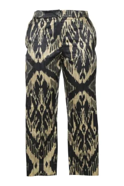Beige and black wool-silk blend satin Ikat print mid-rise pull-on slacks