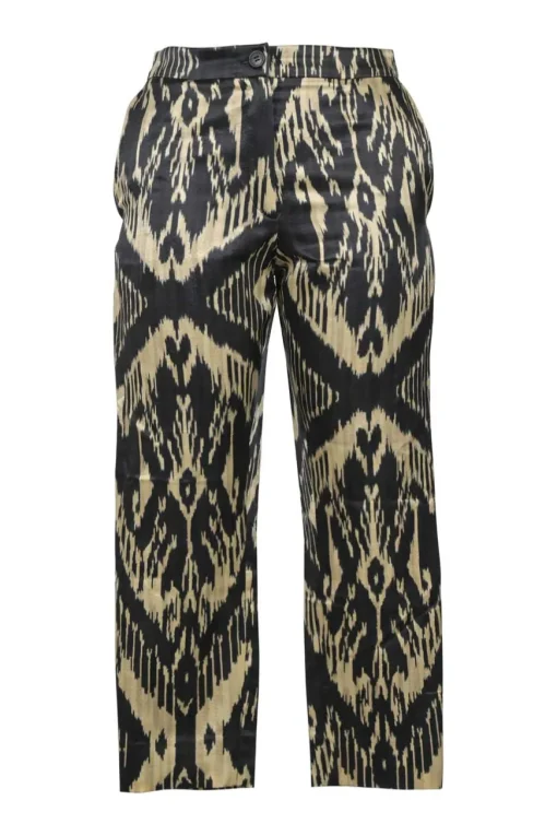 Beige and black wool-silk blend satin Ikat print mid-rise pull-on slacks