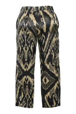 Beige and black wool-silk blend satin Ikat print mid-rise pull-on slacks