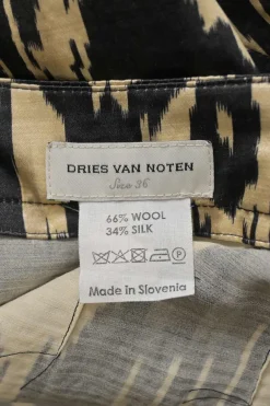 Beige and black wool-silk blend satin Ikat print mid-rise pull-on slacks