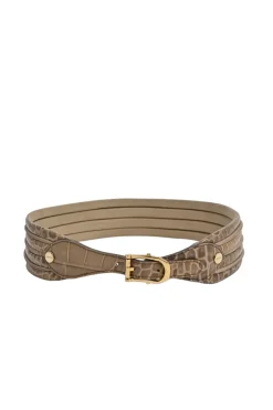 Beige and brown embossed leather waist belt