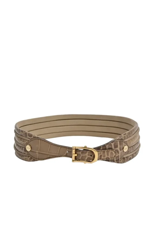 Beige and brown embossed leather waist belt