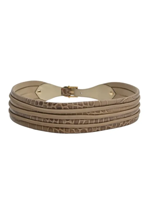 Beige and brown embossed leather waist belt