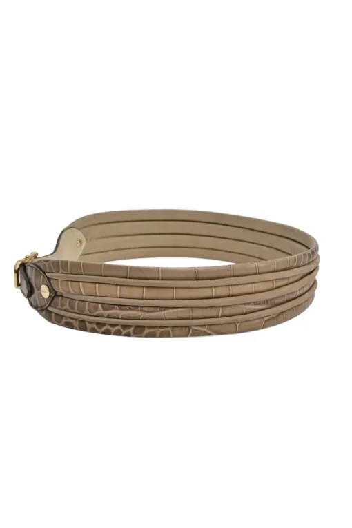 Beige and brown embossed leather waist belt
