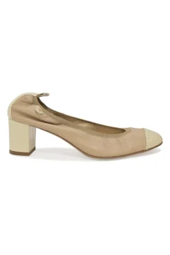 Beige and ivory lambskin low-heel Spirit pumps with contrast cap toe