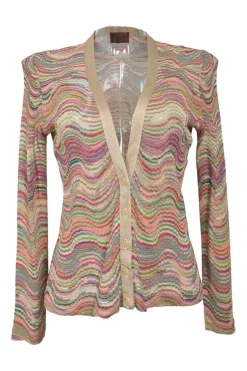 Beige and multi-colour fully-fashioned interlock wave knit button-front cardigan