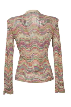 Beige and multi-colour fully-fashioned interlock wave knit button-front cardigan