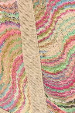 Beige and multi-colour fully-fashioned interlock wave knit button-front cardigan