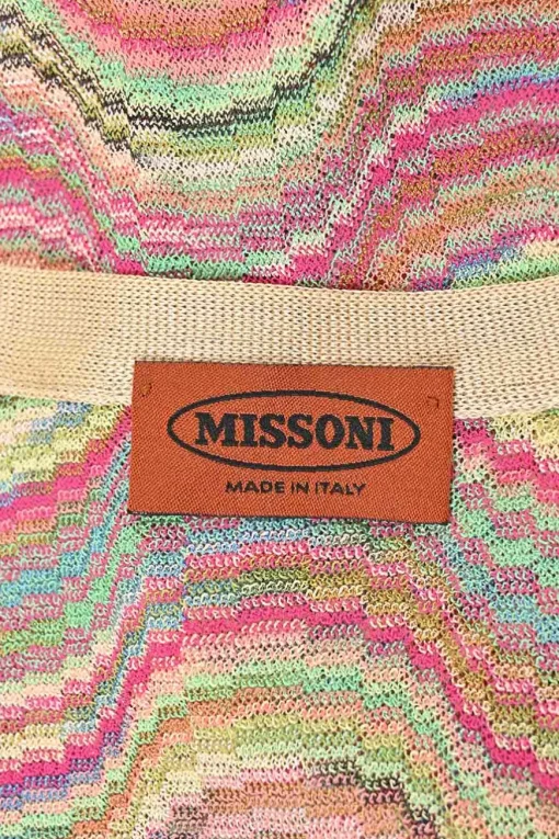 Beige and multi-colour fully-fashioned interlock wave knit button-front cardigan