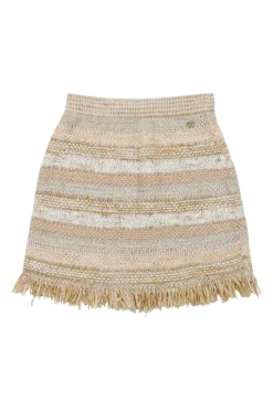 Beige and pink cotton-blend fringe bouclé knit mini skirt