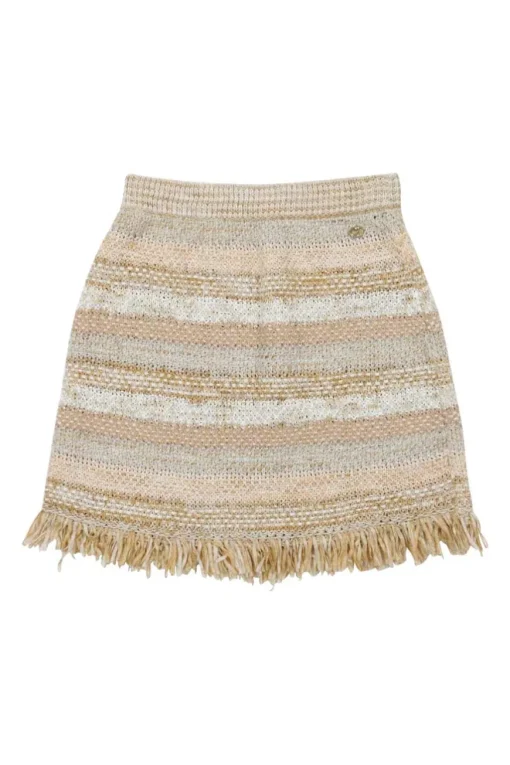 Beige and pink cotton-blend fringe bouclé knit mini skirt