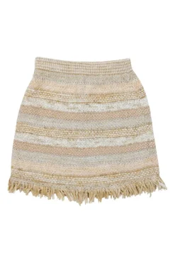 Beige and pink cotton-blend fringe bouclé knit mini skirt