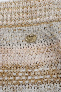 Beige and pink cotton-blend fringe bouclé knit mini skirt