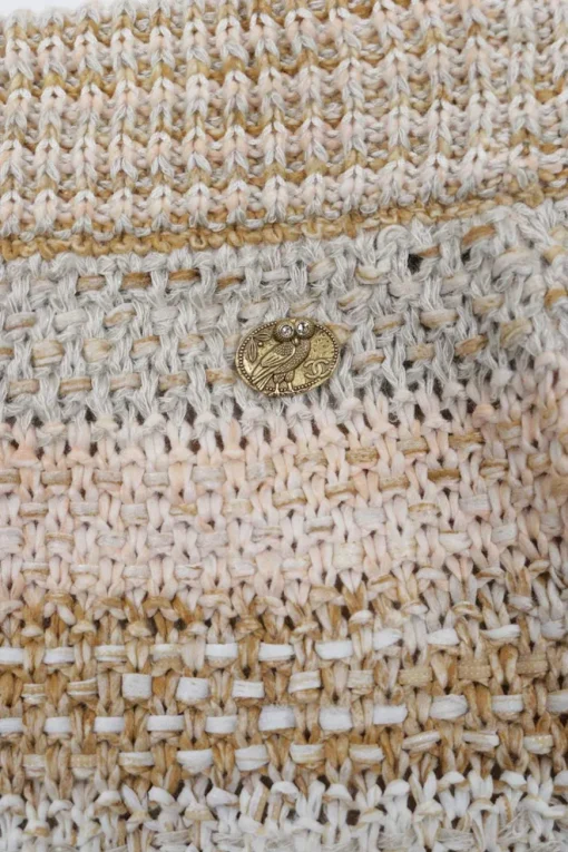 Beige and pink cotton-blend fringe bouclé knit mini skirt