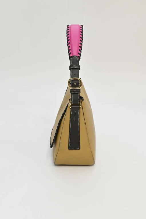Beige and pink leather Luca Anagram shoulder bag with whipstitched flap