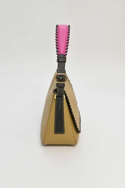 Beige and pink leather Luca Anagram shoulder bag with whipstitched flap