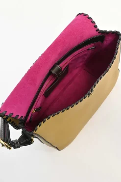Beige and pink leather Luca Anagram shoulder bag with whipstitched flap