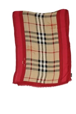 Beige and red modal-cashmere blend Haymarket Check border print foulard