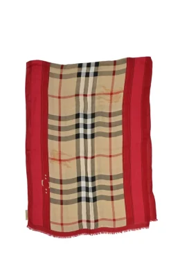 Beige and red modal-cashmere blend Haymarket Check border print foulard
